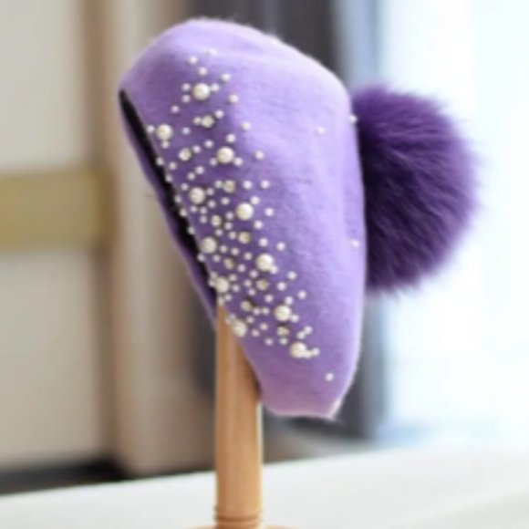 Source Unknown Accessories - *HP* Purple wool beret with pearls, rhinestones and faux fur pom pom NWOT